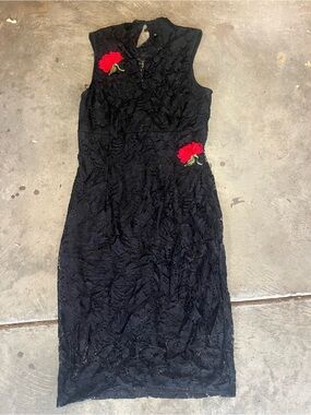 Black Lace Midi Dress with Red Floral Appliqués